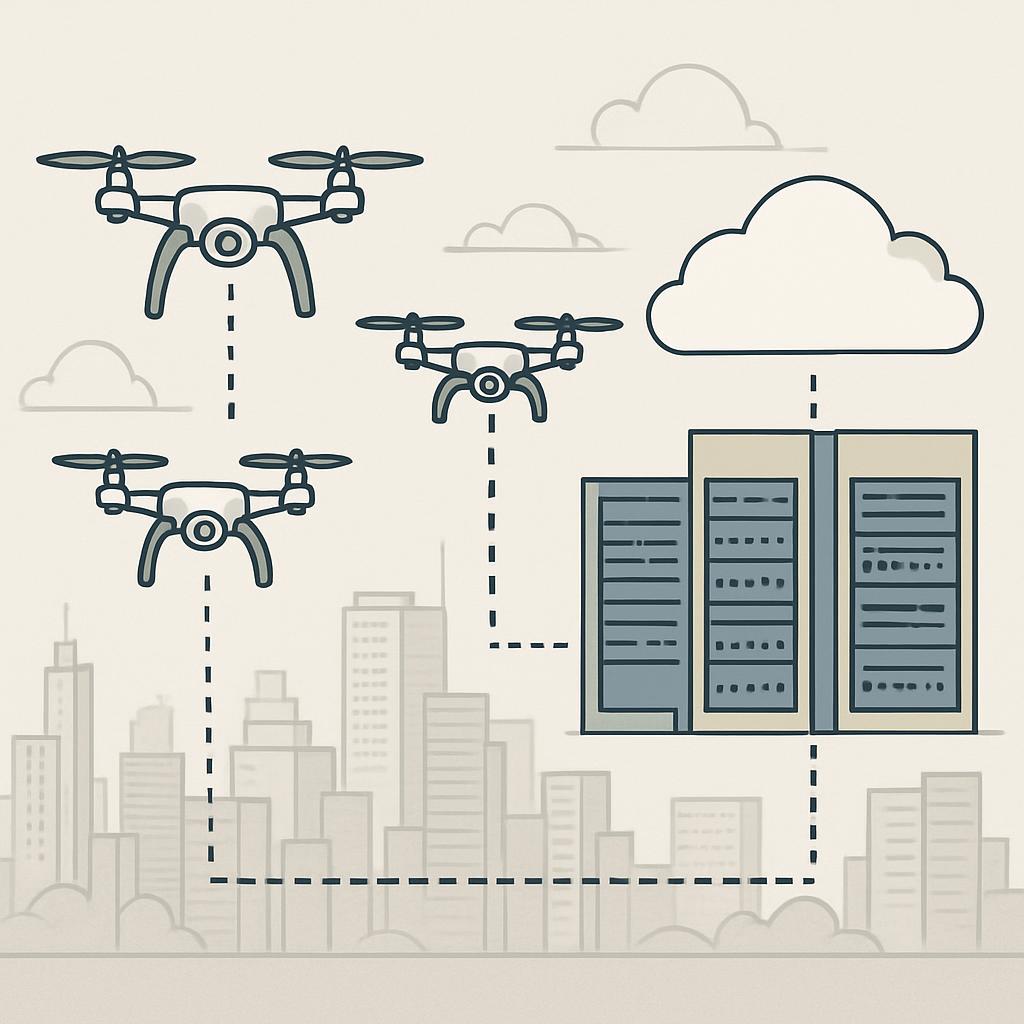 Cloud computing and drones icon used for hype or news, with flexible grey gradient.