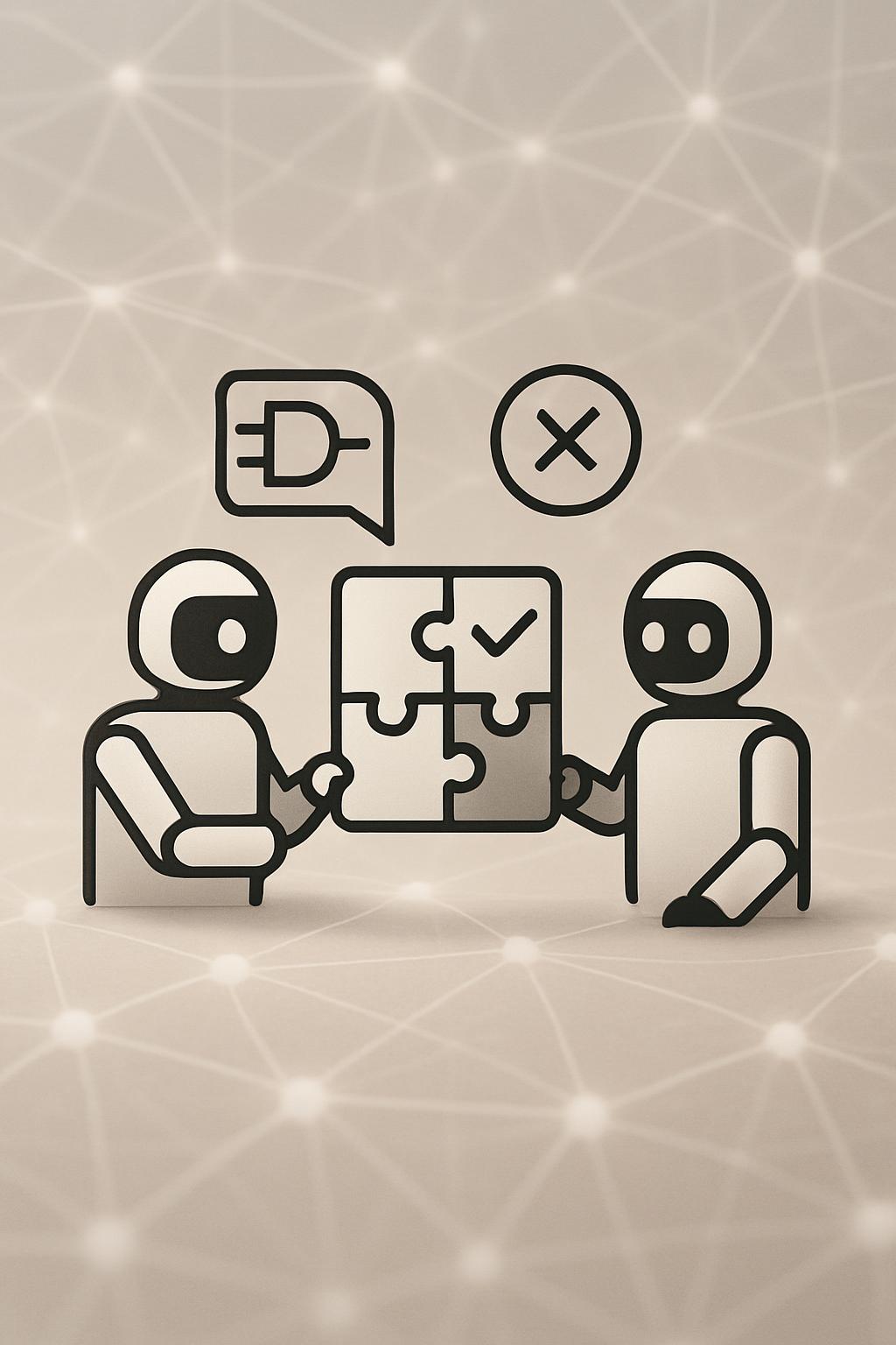 Two robots improving efficiency by completing a puzzle.