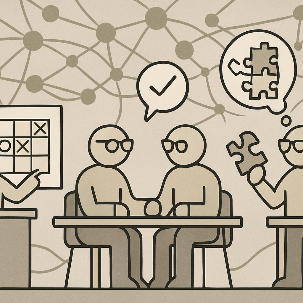 Two professionals sitting at a table discussing a puzzle from their minds, with a tic-tac-toe board and network lines/glob...